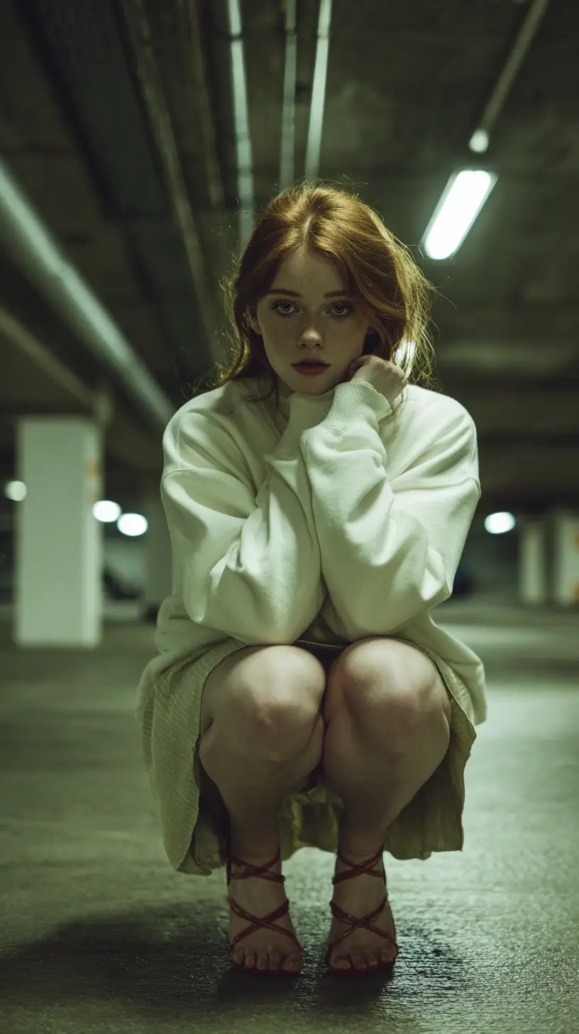 Red haired woman posing in a moody parking garage