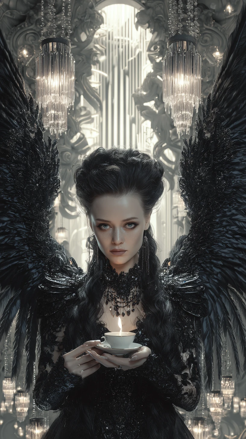 Whimsical fairy with jeweled wings holding a glowing candle
