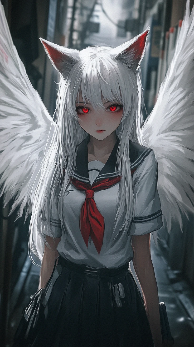 Anime girl with angel wings in dark urban alley