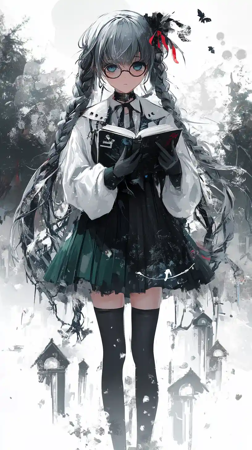 Gloomy anime girl reading beside a divided fantasy world