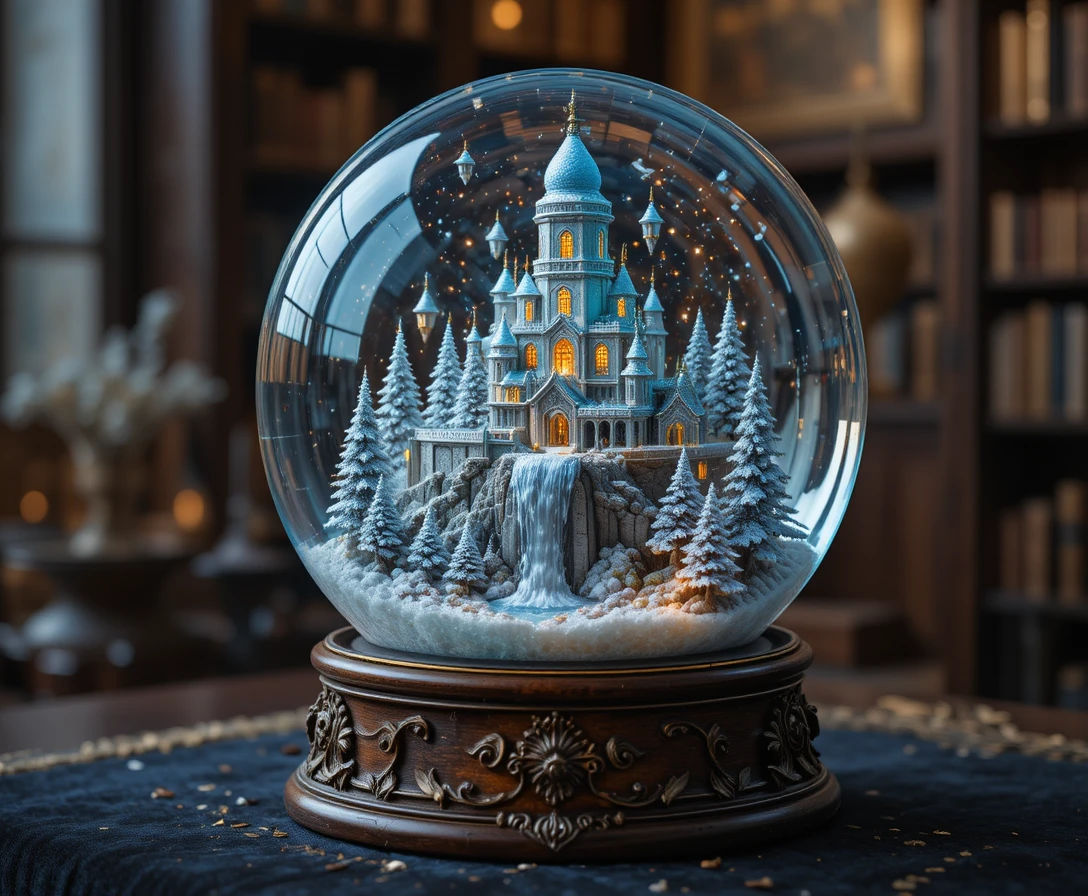 Macro view of an antique snow globe with magic city