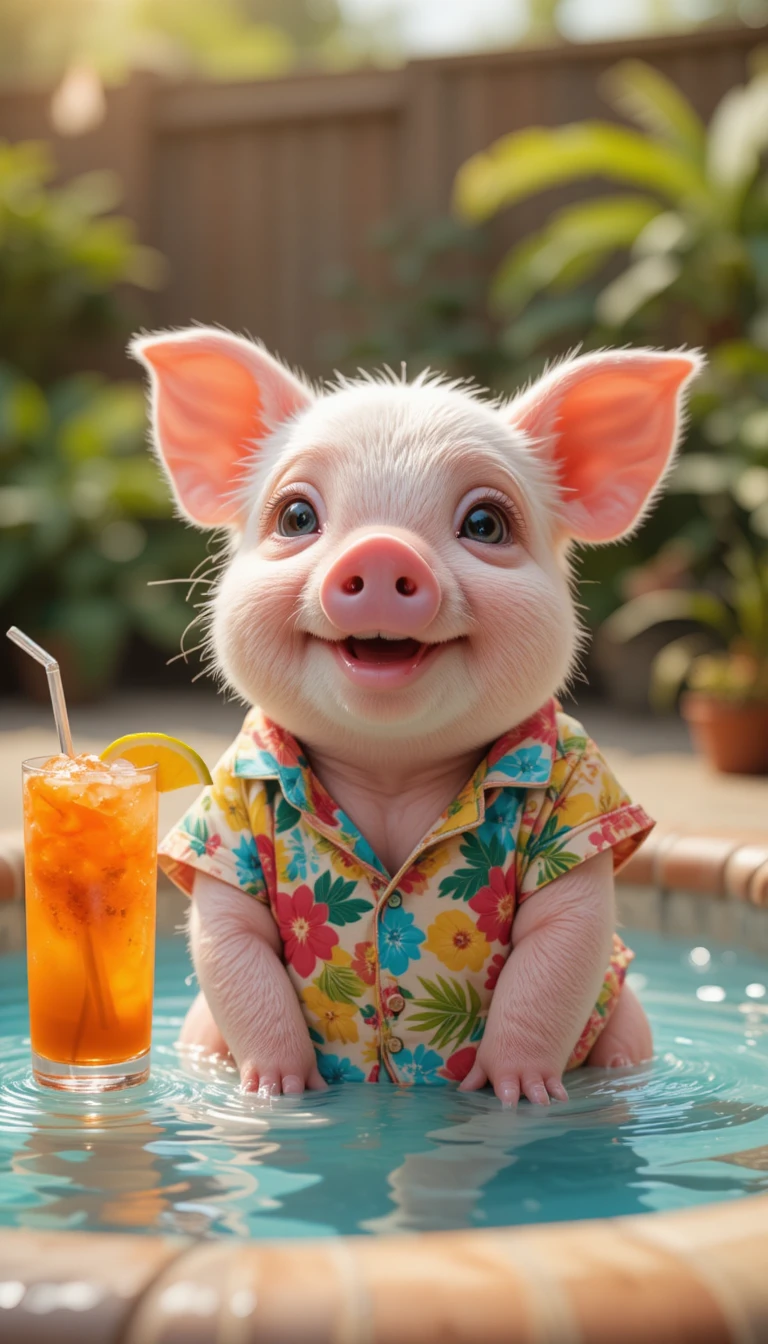 Cute pink piglet in a wading pool wearing a Hawaiian shirt