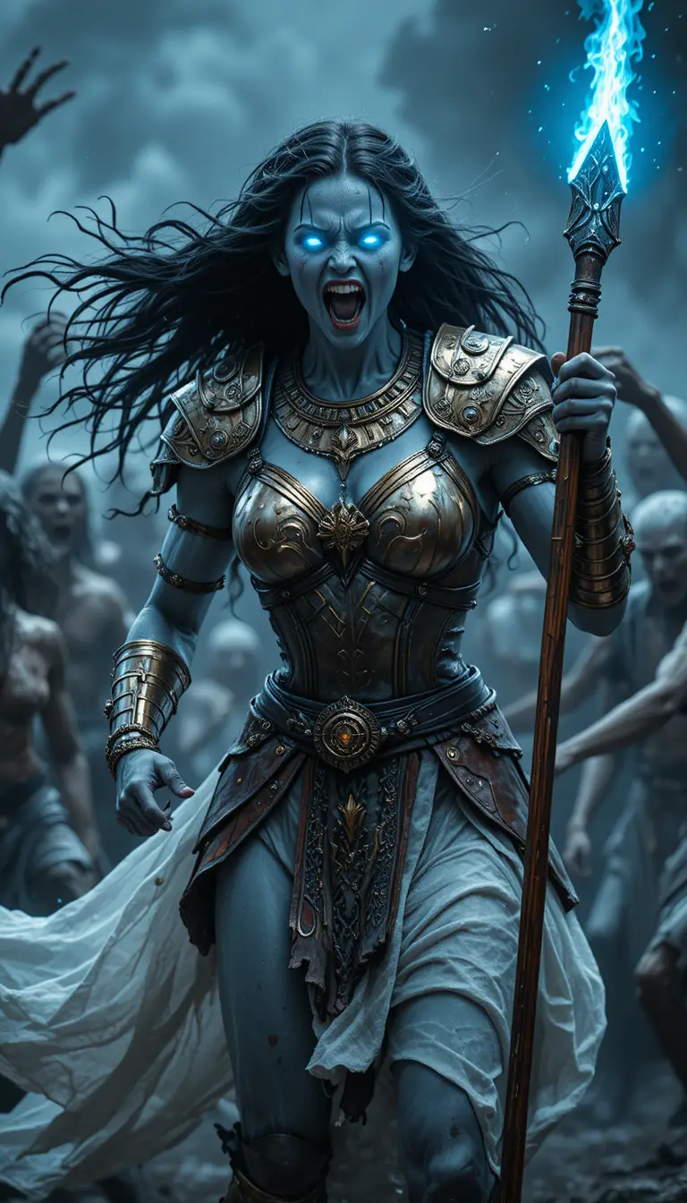 Ghost warrior priestess with glowing spear in battle