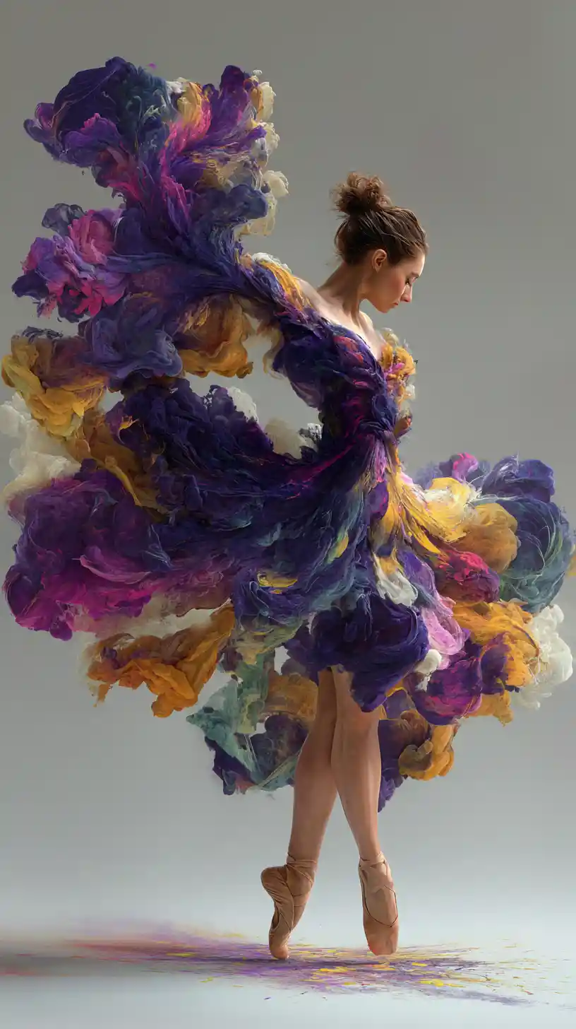Dancing woman in swirling rainbow ink dress