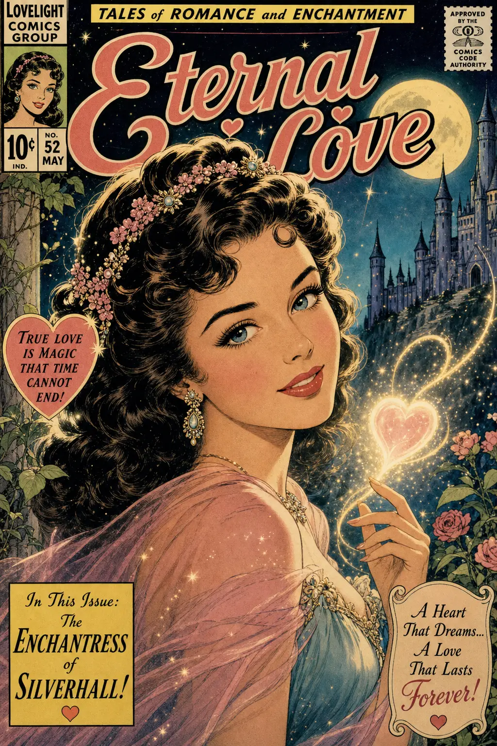 Vintage comic style portrait of a dreamy young woman