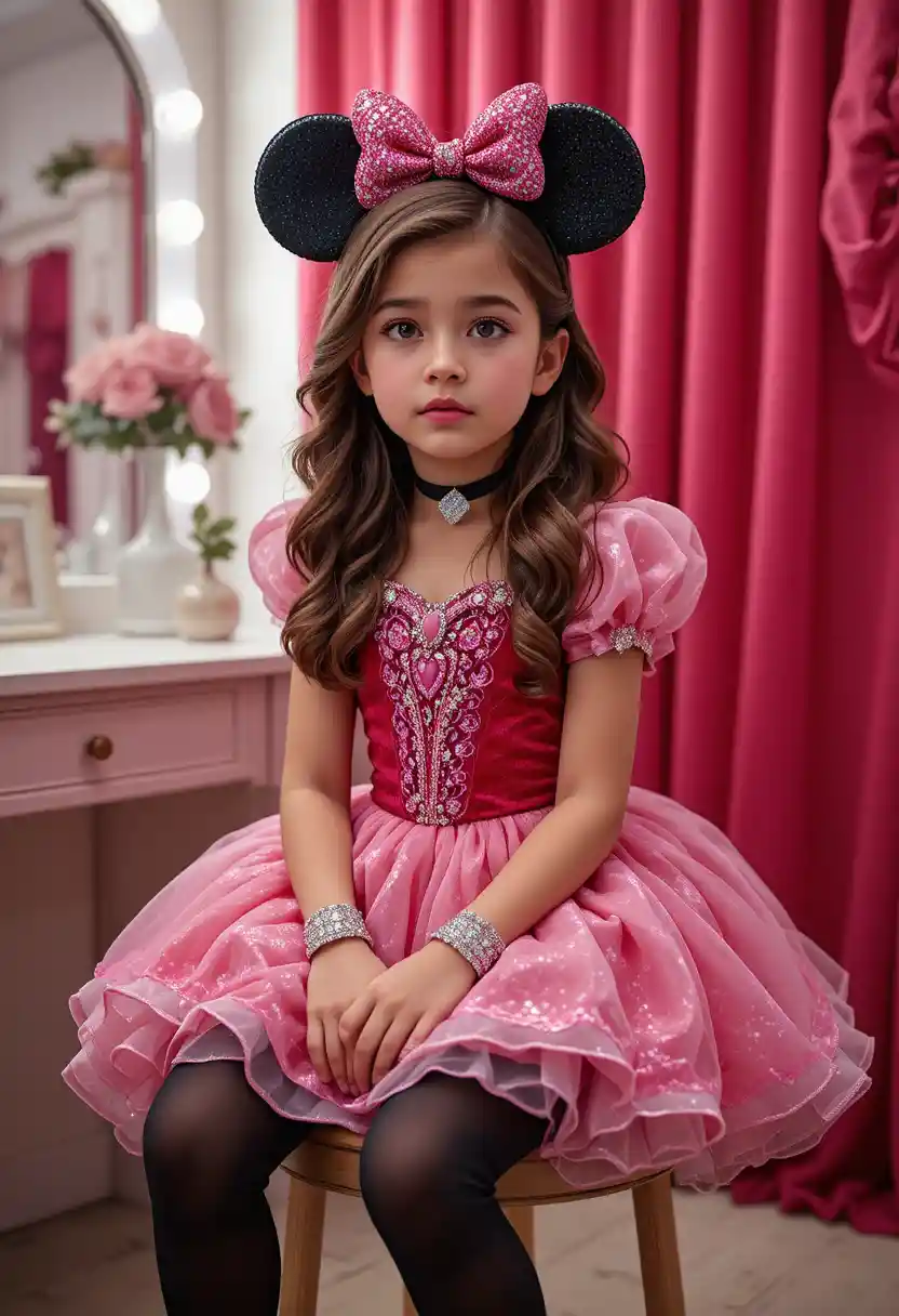 Young boy in pink princess dress at vanity table