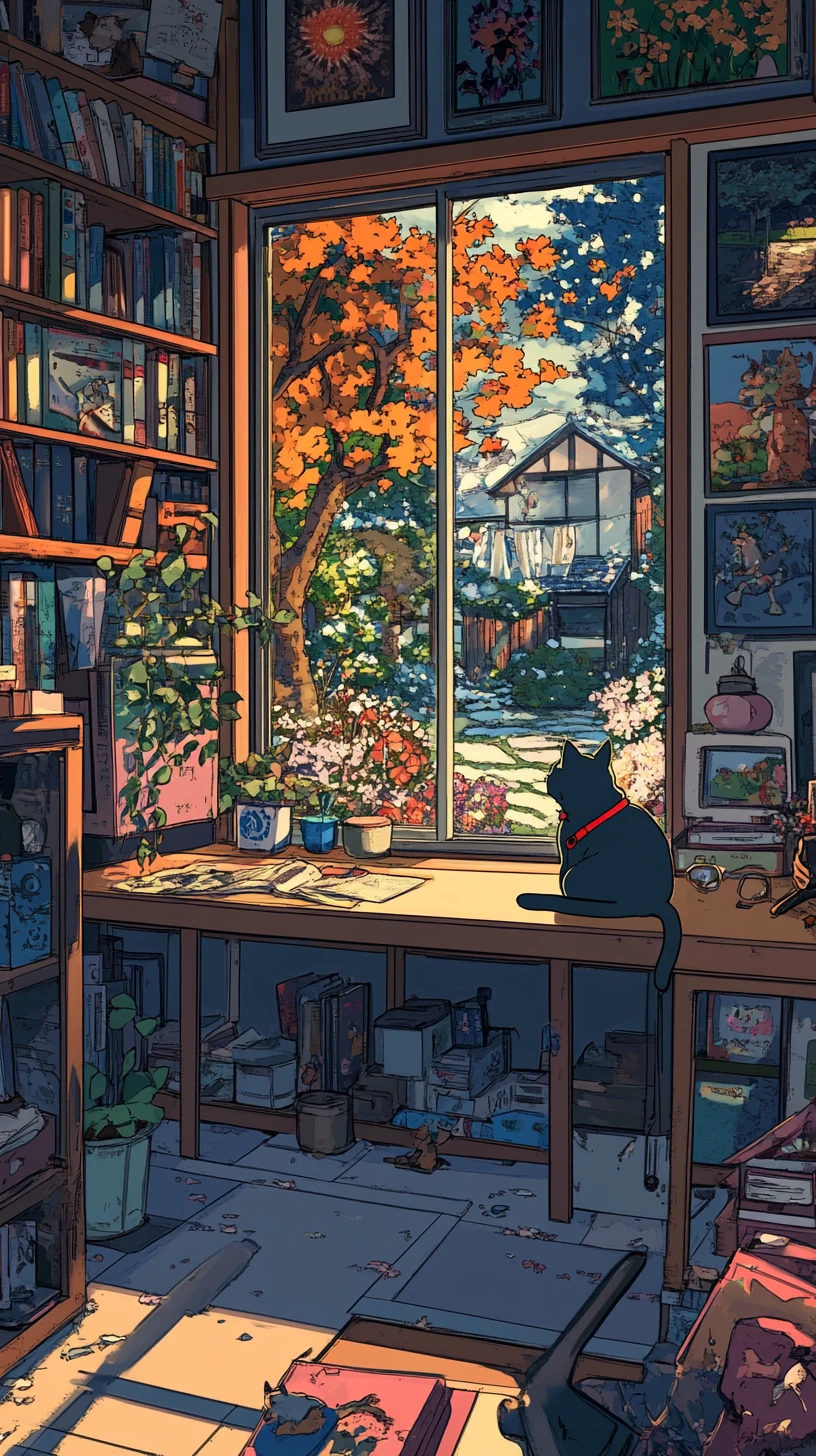 Cozy home office with ginger cat and garden view