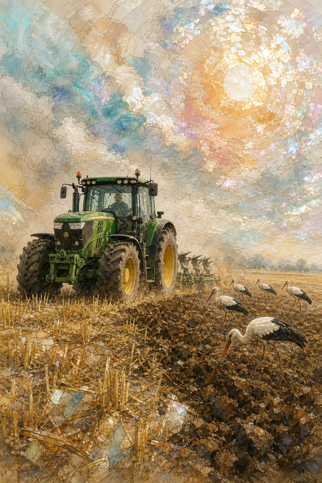 Tractor verde arando campo de trigo con cigüeñas detrás