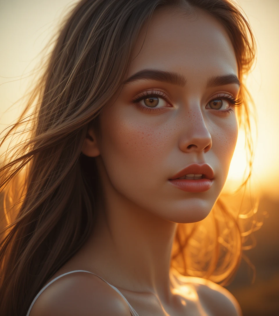 Golden hour close up portrait of a young woman