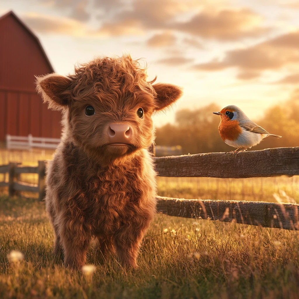 Fluffy baby calf sniffs a robin by a rustic farm fence