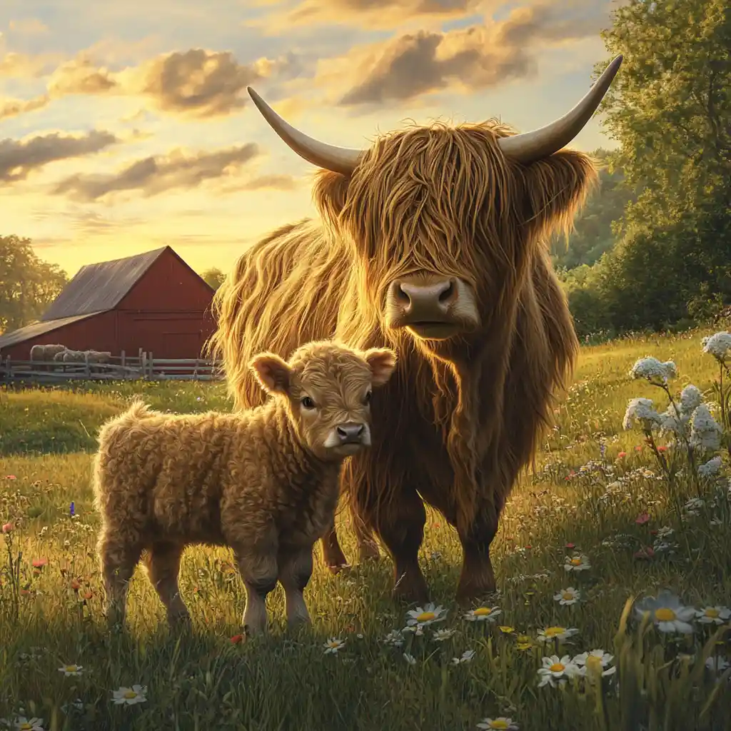 Highland calf nursing from mother in sunset farm field