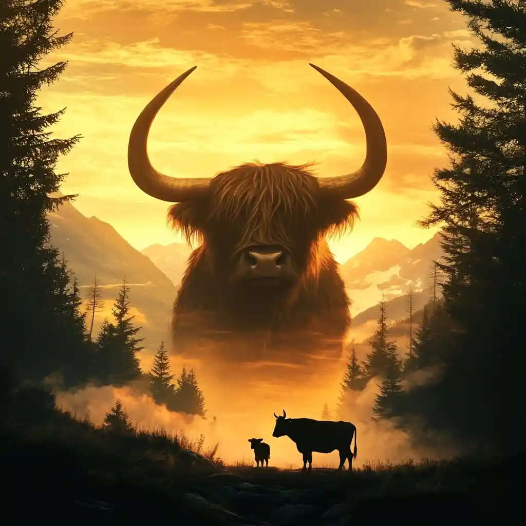 Majestic highland cow at golden sunset over mountain landscape