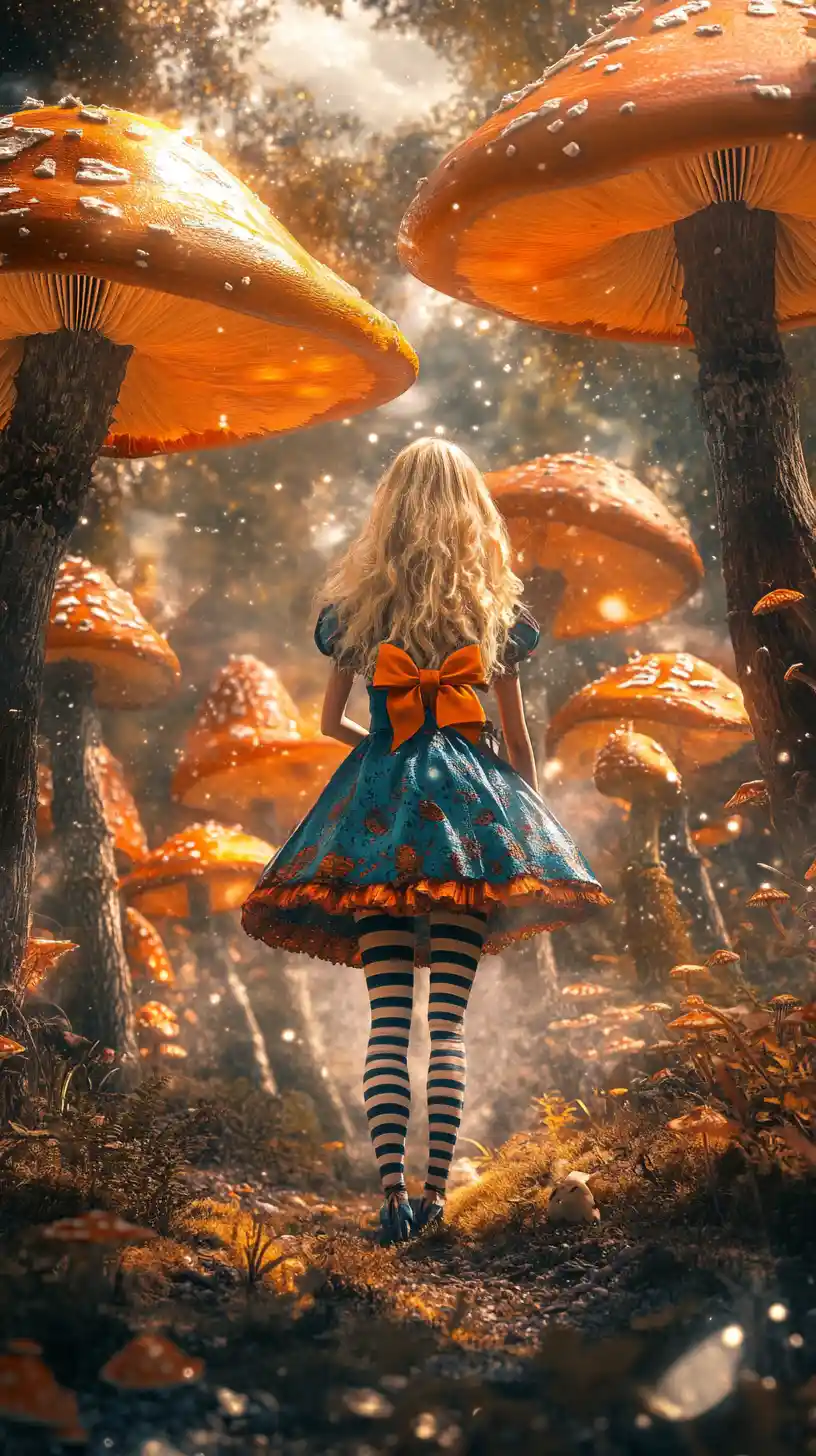 Blonde girl in striped stockings in a glowing fantasy forest