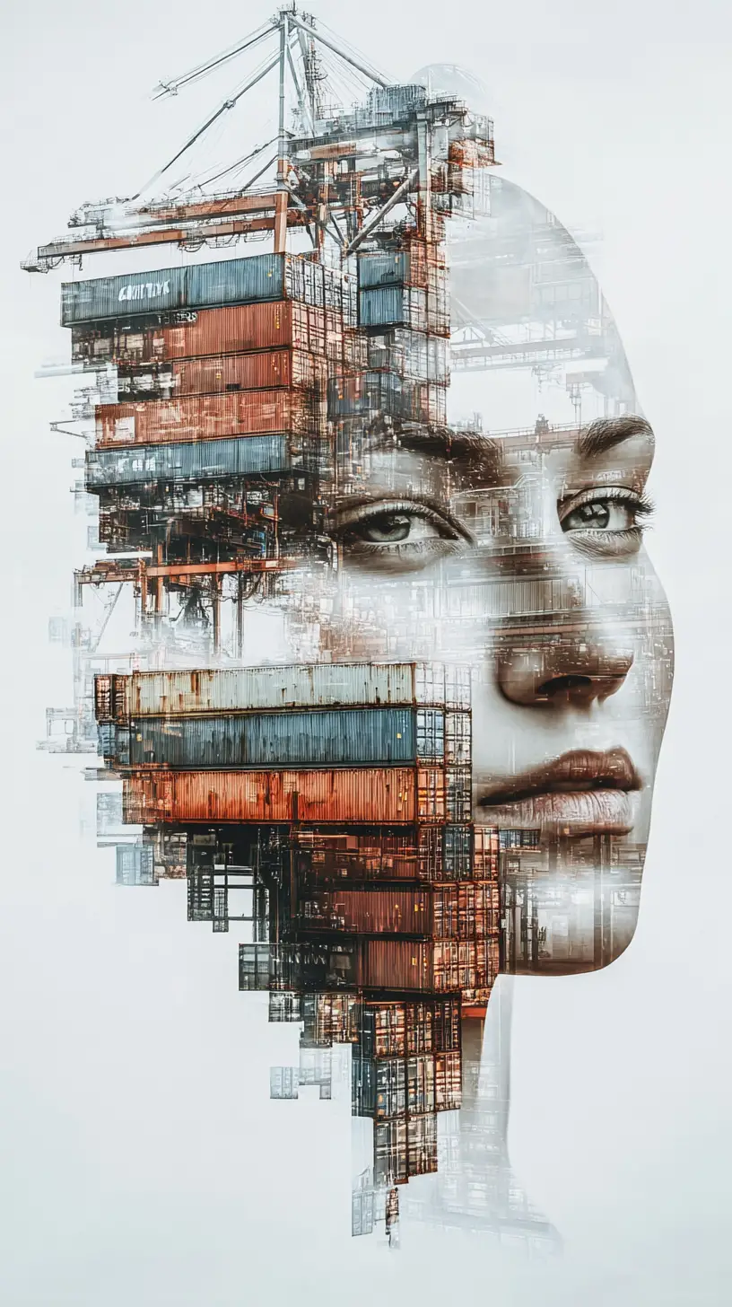Surreal portrait woven from global trade routes and structures