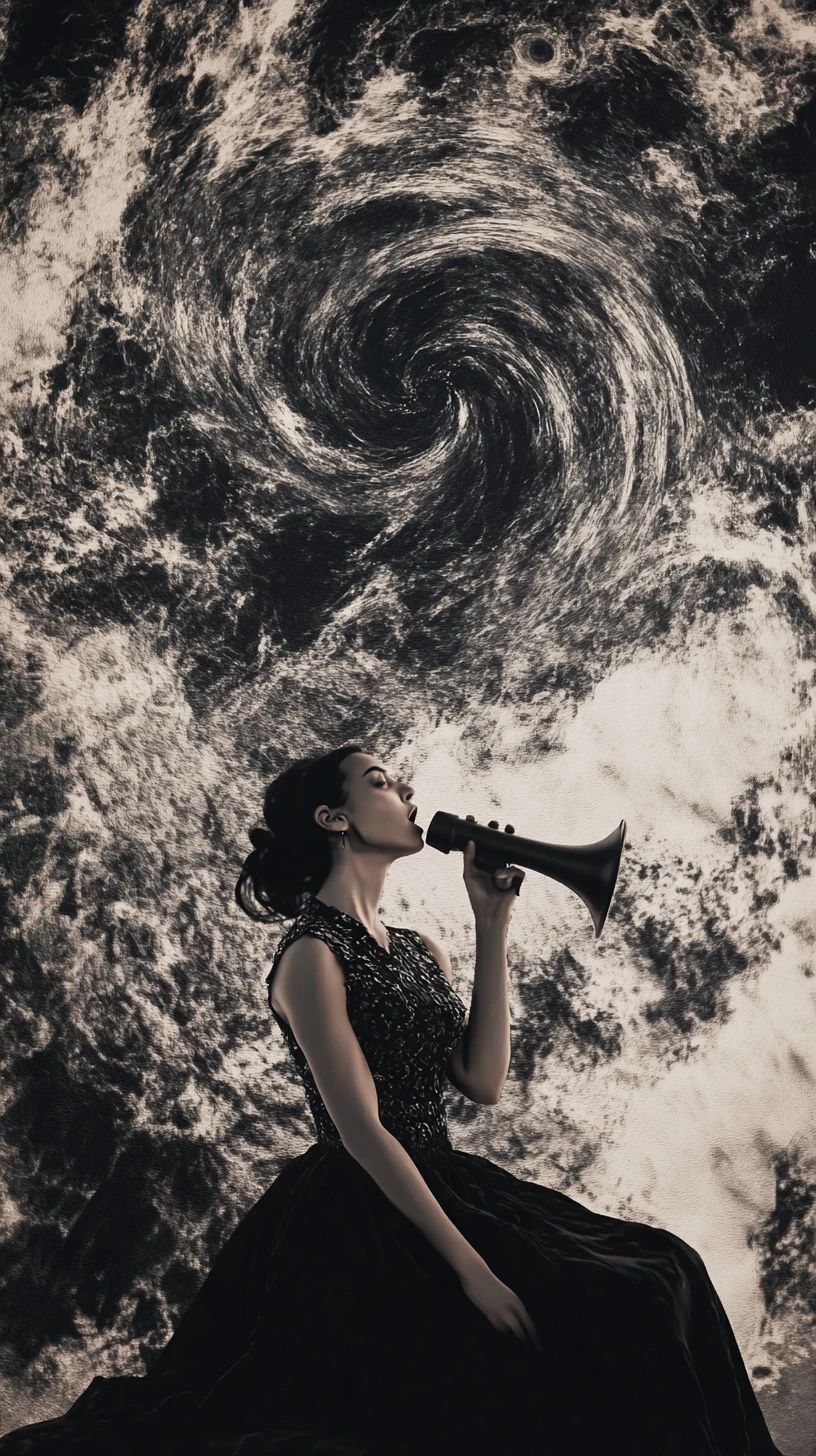 Woman shouting into a megaphone in a noisy scene