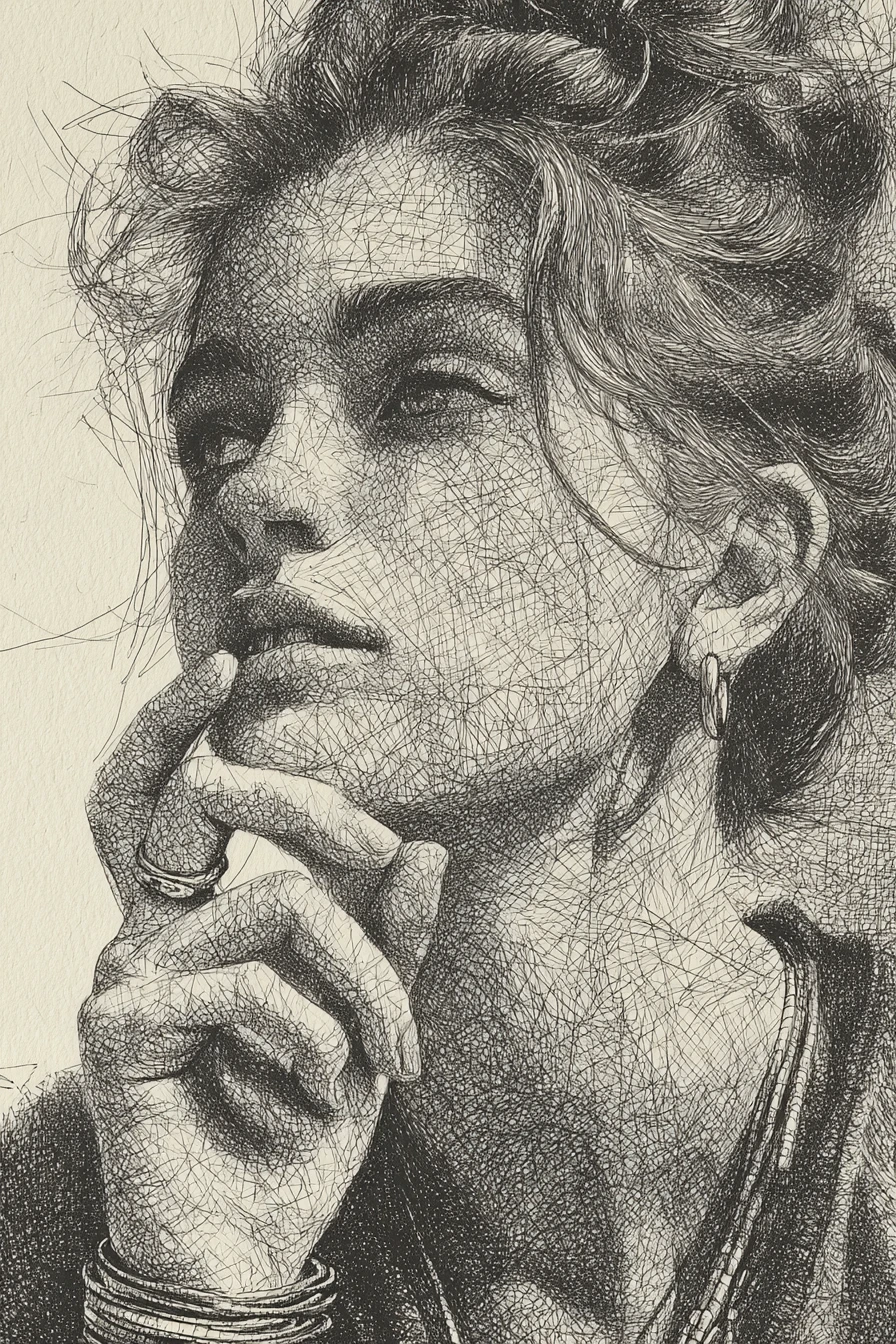Portrait de femme pensive en dessin à l’encre détaillé