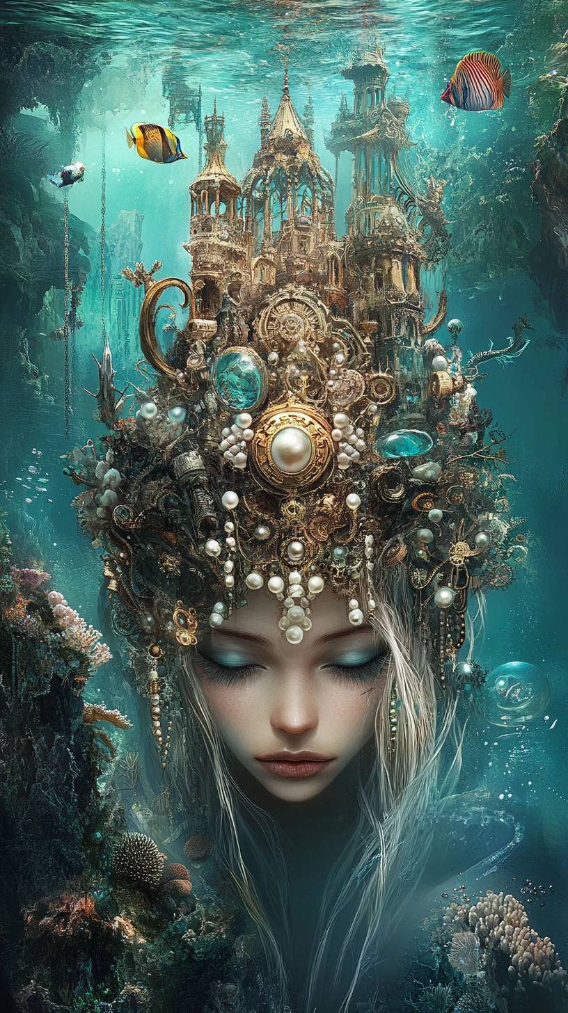 Siren queen on an enchanted island with steampunk crown