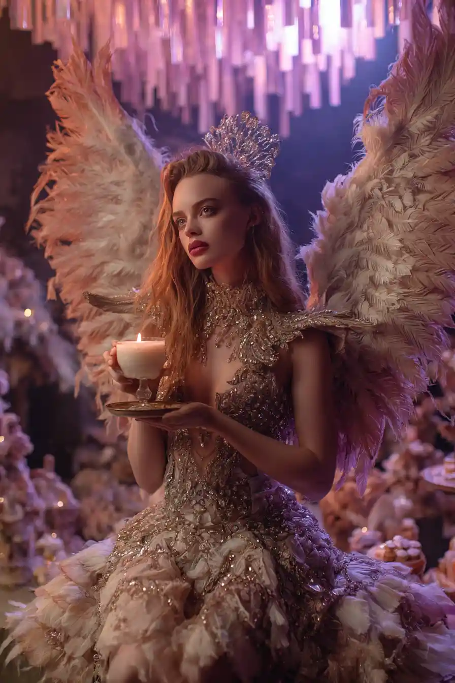 Whimsical jeweled winged fairy holding a glowing candle