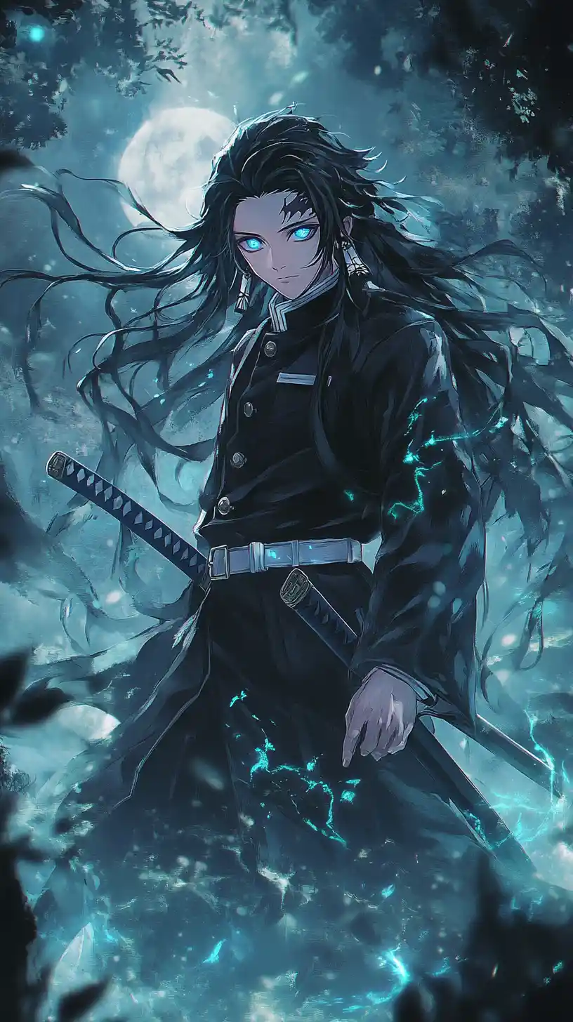 Stoic anime swordsman in a glowing misty forest clearing