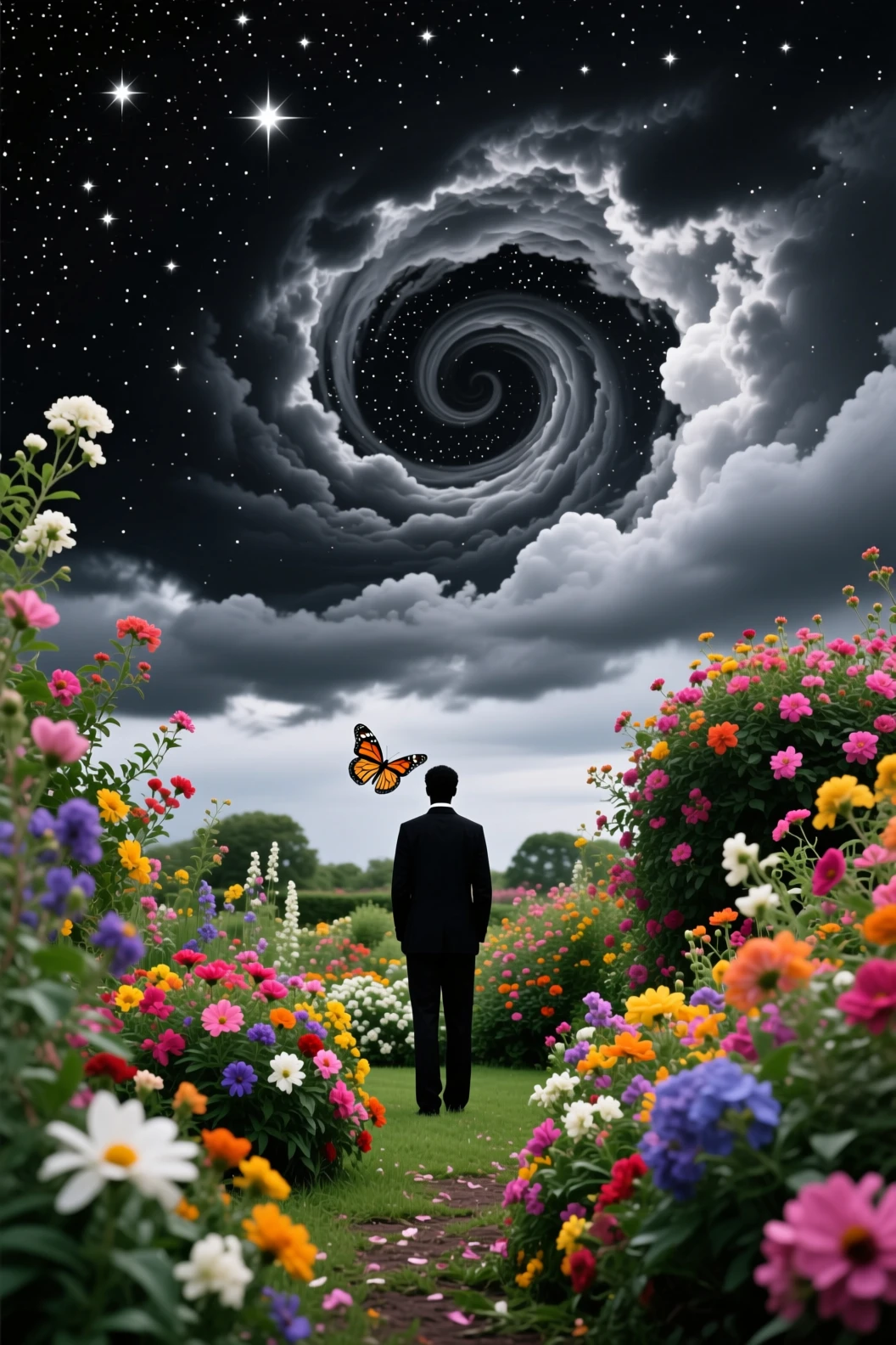 Gloomy starry sky swirling above a secret floral garden