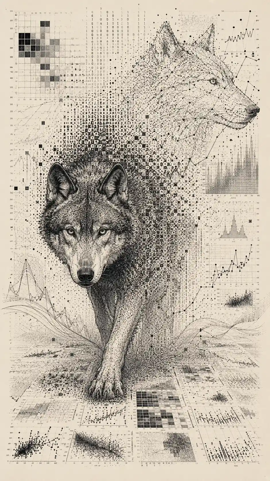Wolf Emerging From Endless Field Of Abstract Data Visualizations