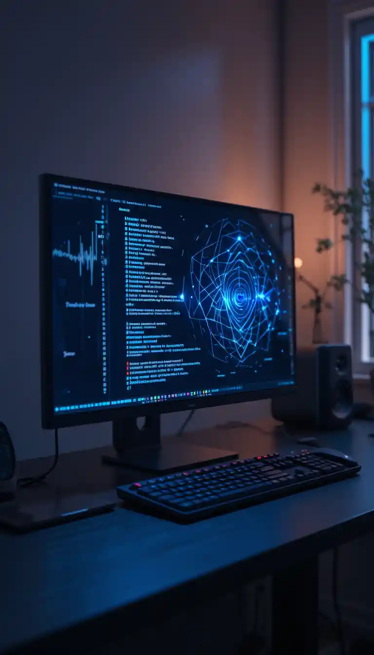 Minimalist night workspace with glowing monitor and keyboard
