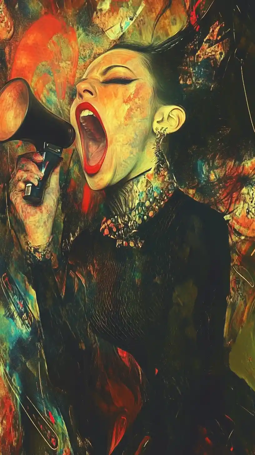 Woman shouting into a megaphone in a loud moment