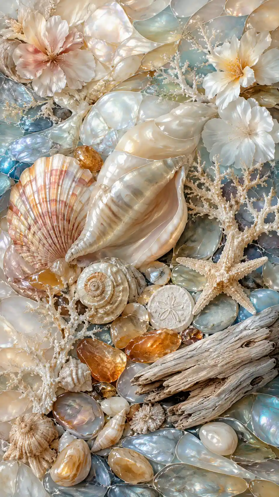 Close up mosaic of seashells corals amber and driftwood