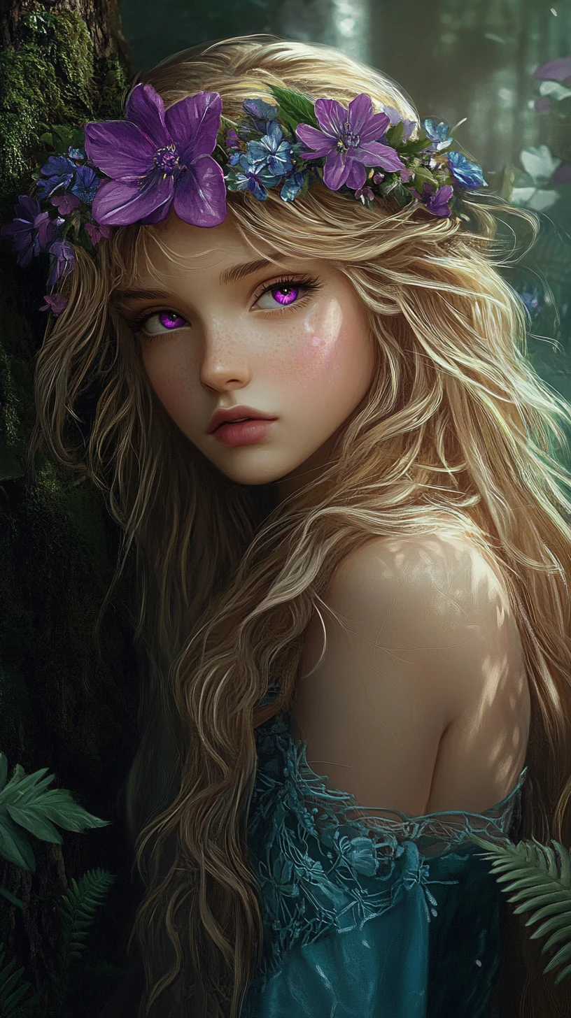 Ethereal young fairy resting by a moss covered tree