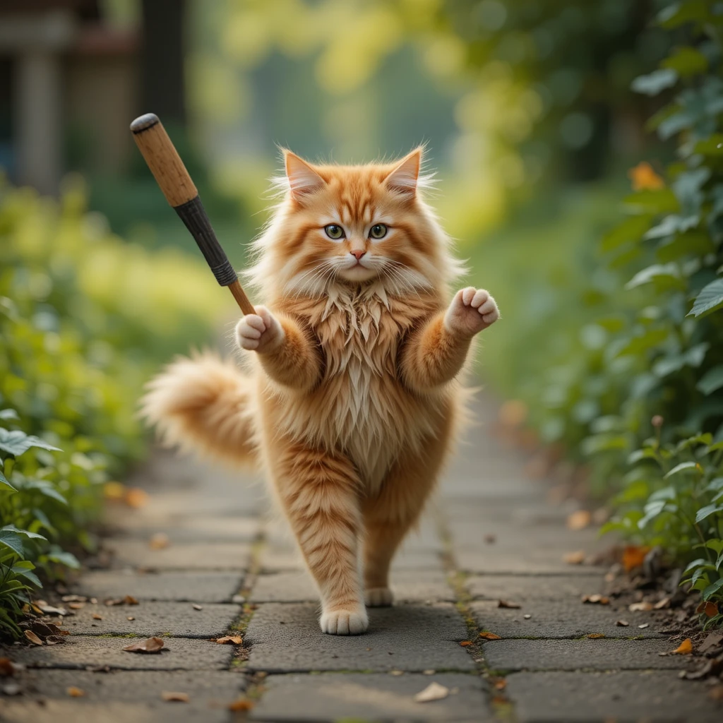 Fluffy orange cat strutting down an outdoor walking path
