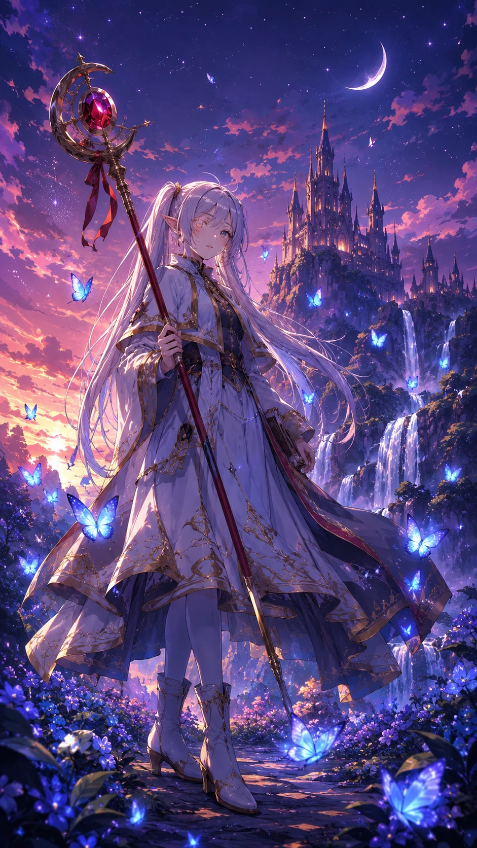 Elven mage with silver twin tails in a glowing forest