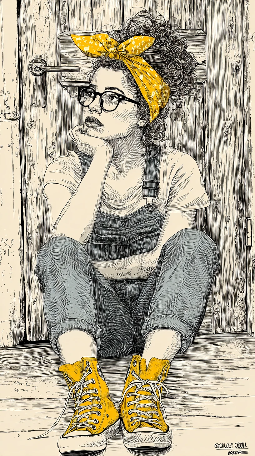 Pensive woman in ink sketch sitting in rustic doorway