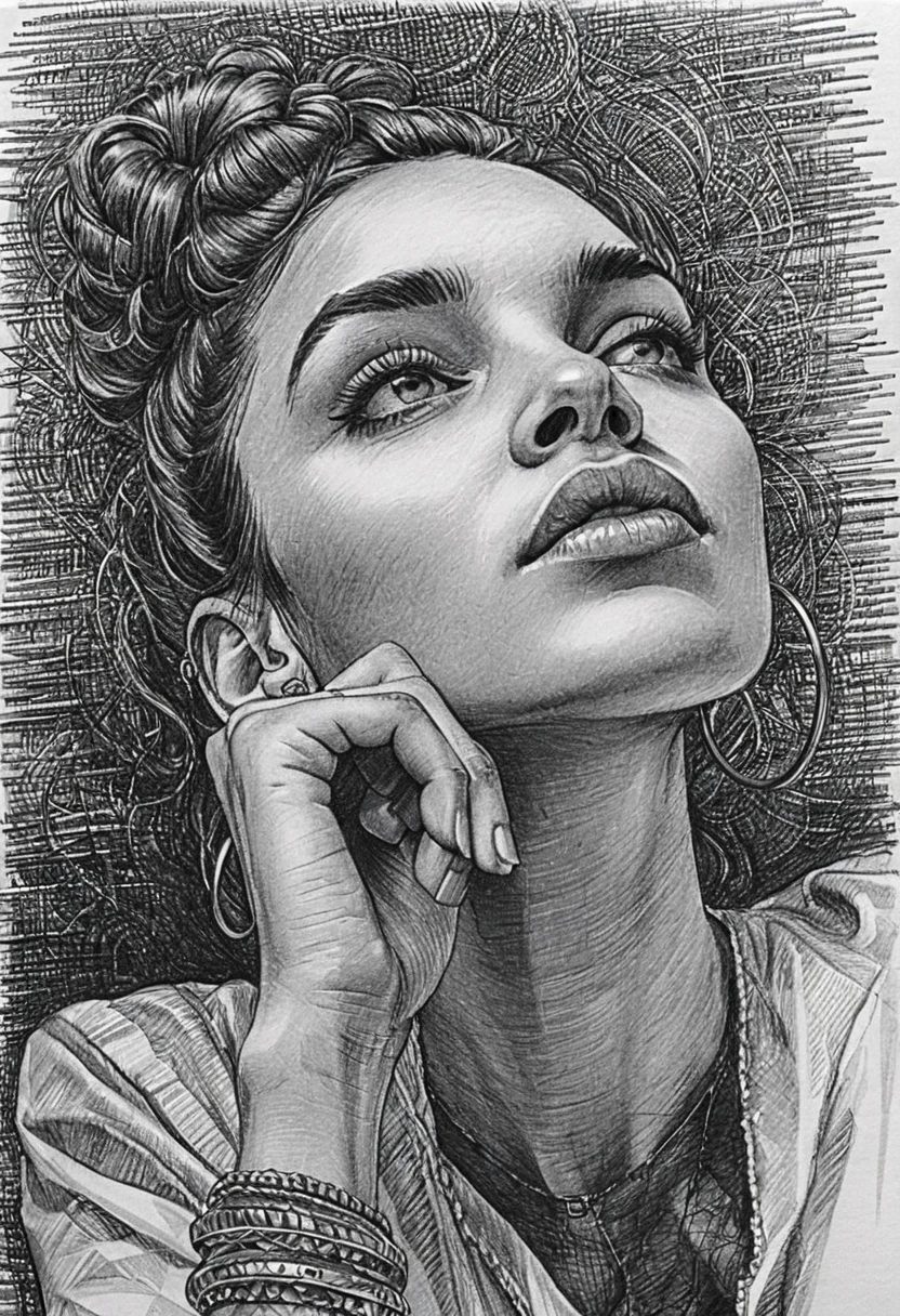 Ritratto di donna pensierosa in espressivo disegno a inchiostro