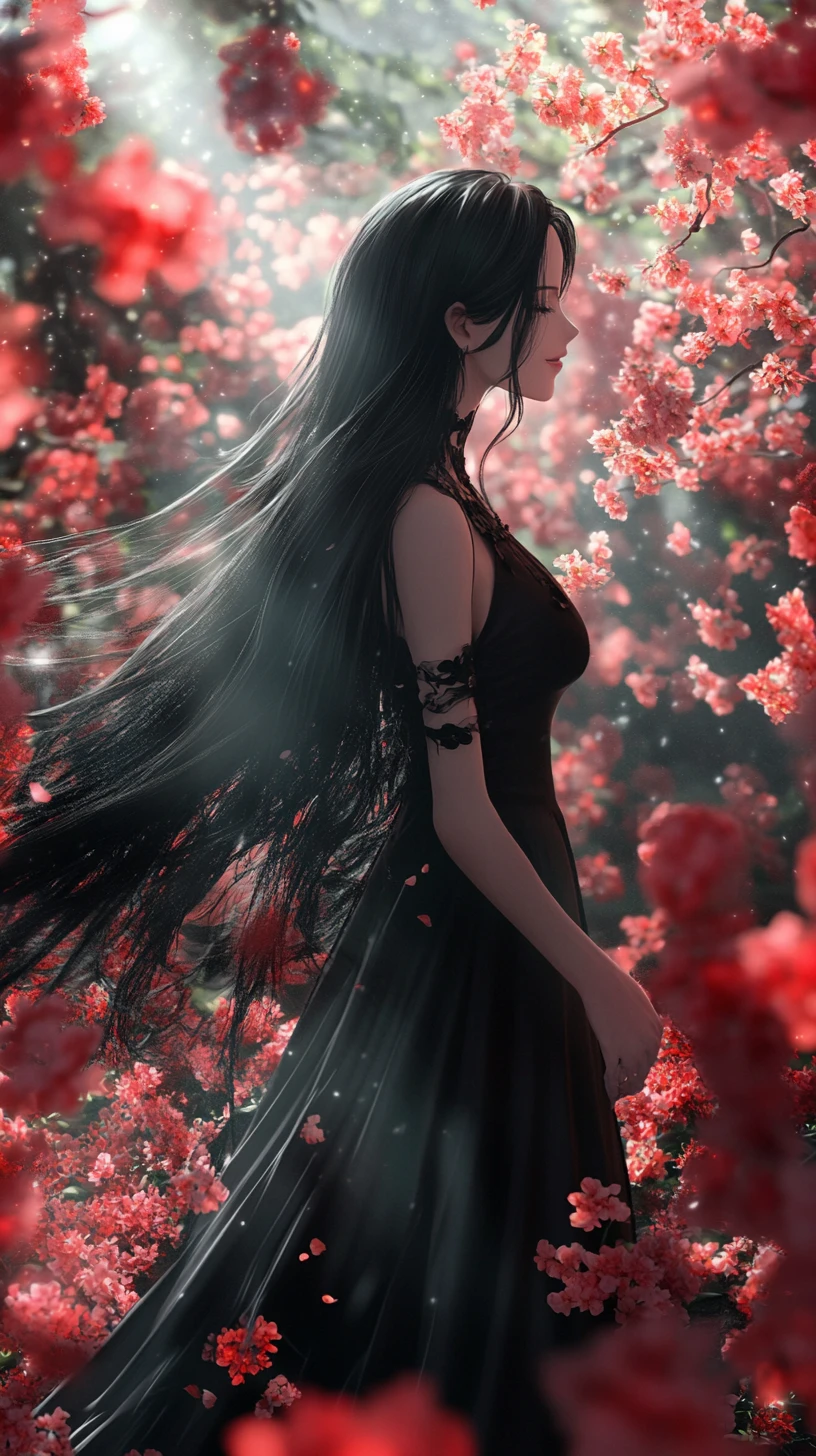Elegant anime woman in black gown among glowing blossoms