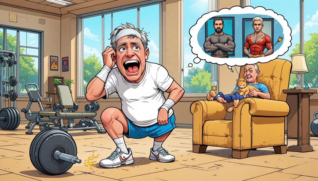 Exhausted elderly man sweating in a bright cartoon gym