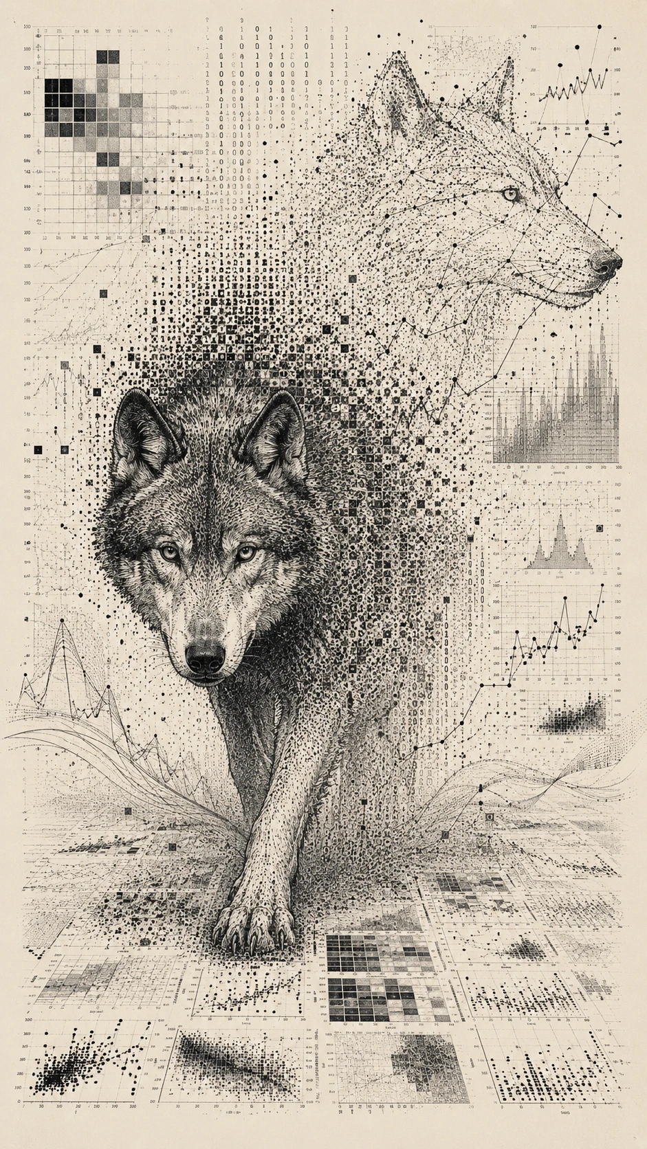 Wolf Emerging From Endless Field Of Abstract Data Visualizations