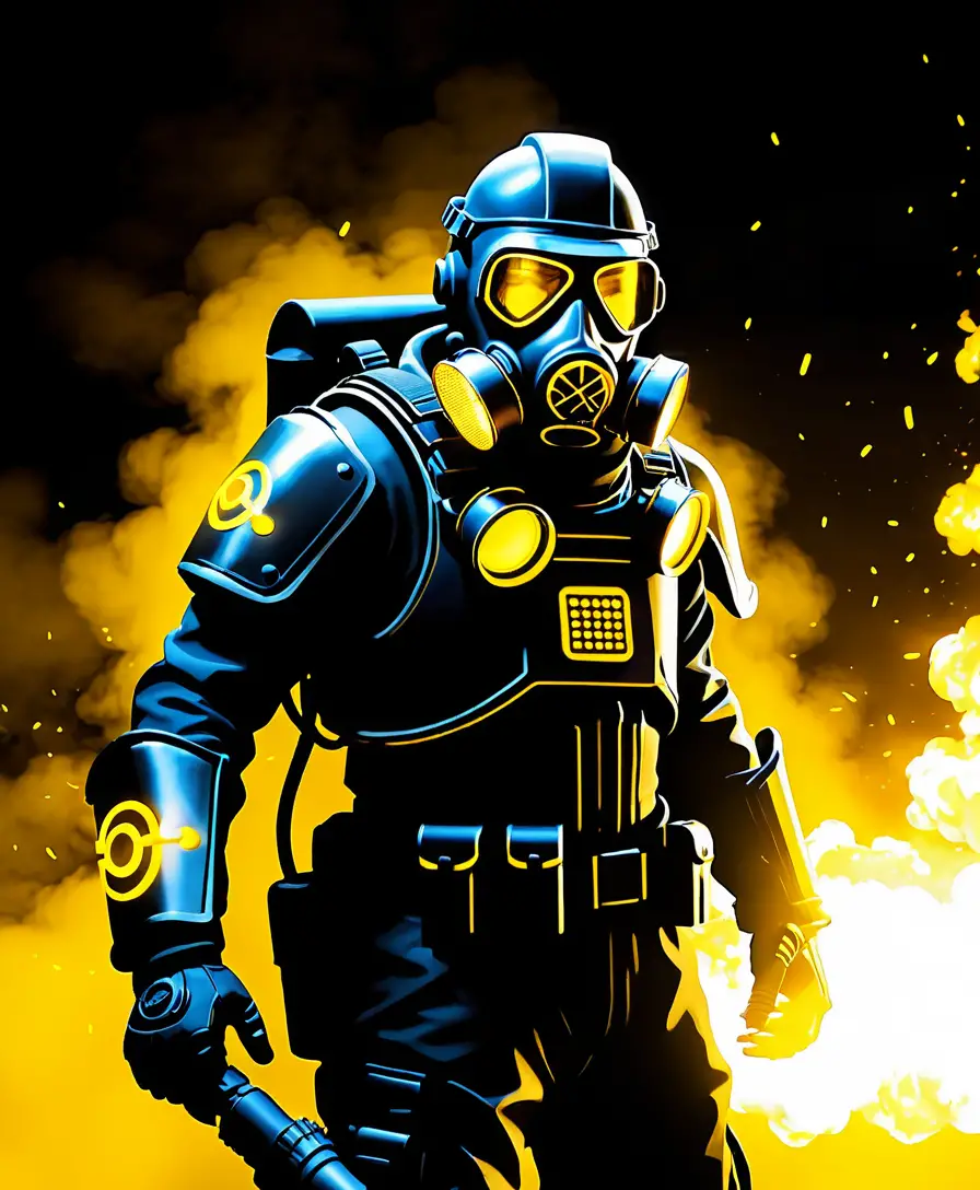 Armored sci fi soldier with flamethrower in glowing void