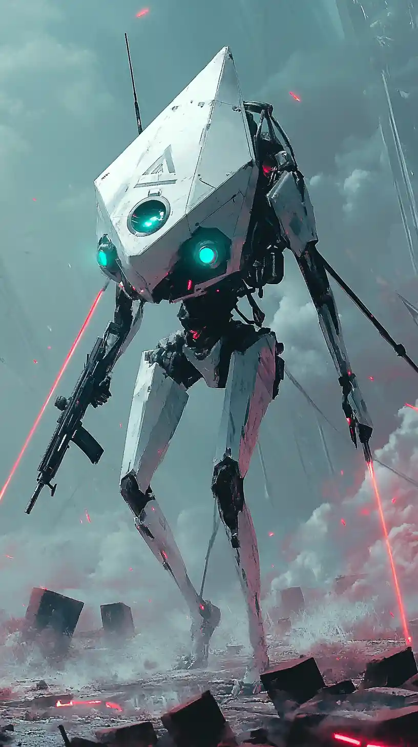 Futuristic combat robot running across a neon lit battlefield