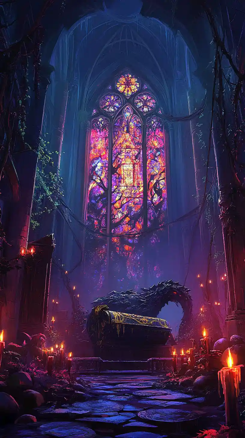 Gotische Kathedrale mit Sarg, angeketteter Mädchenfigur und Drachenfenster