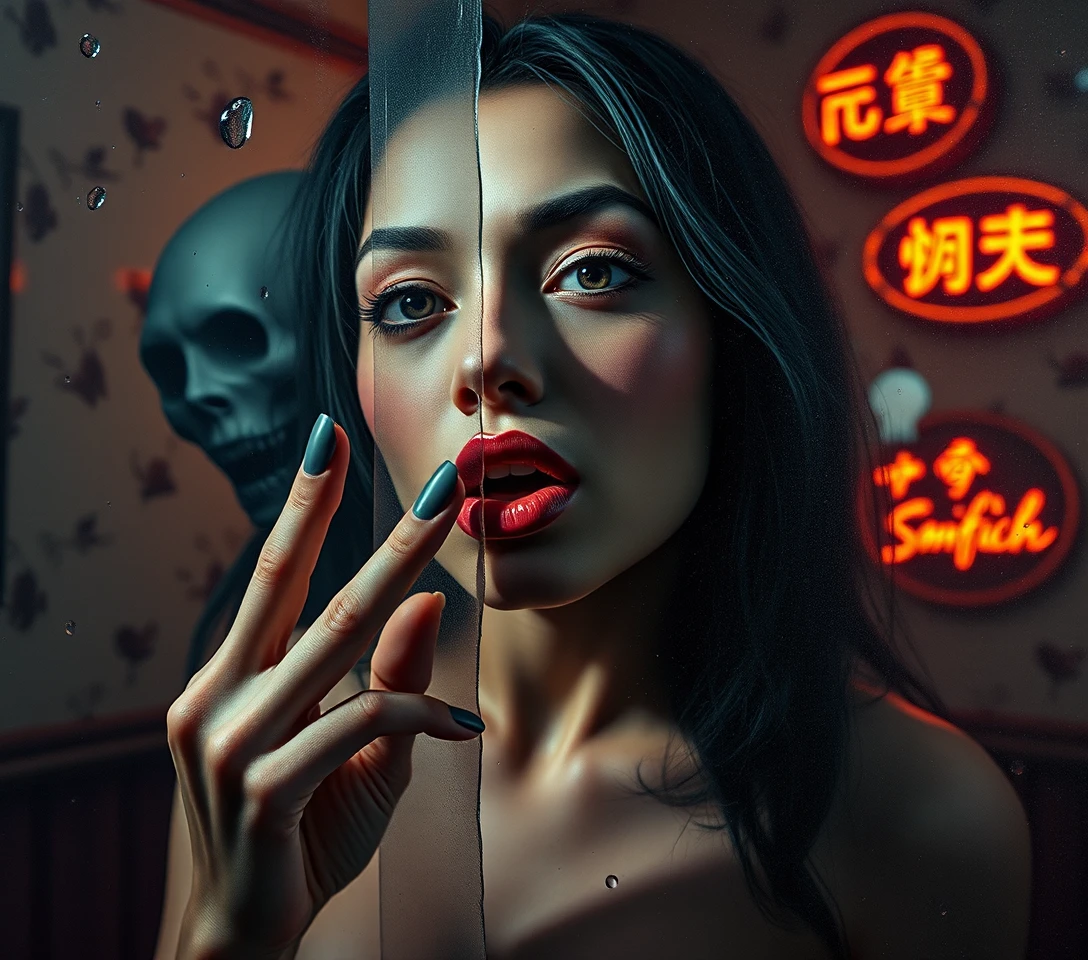 Sensuous woman behind fogged glass with ghostly silhouettes