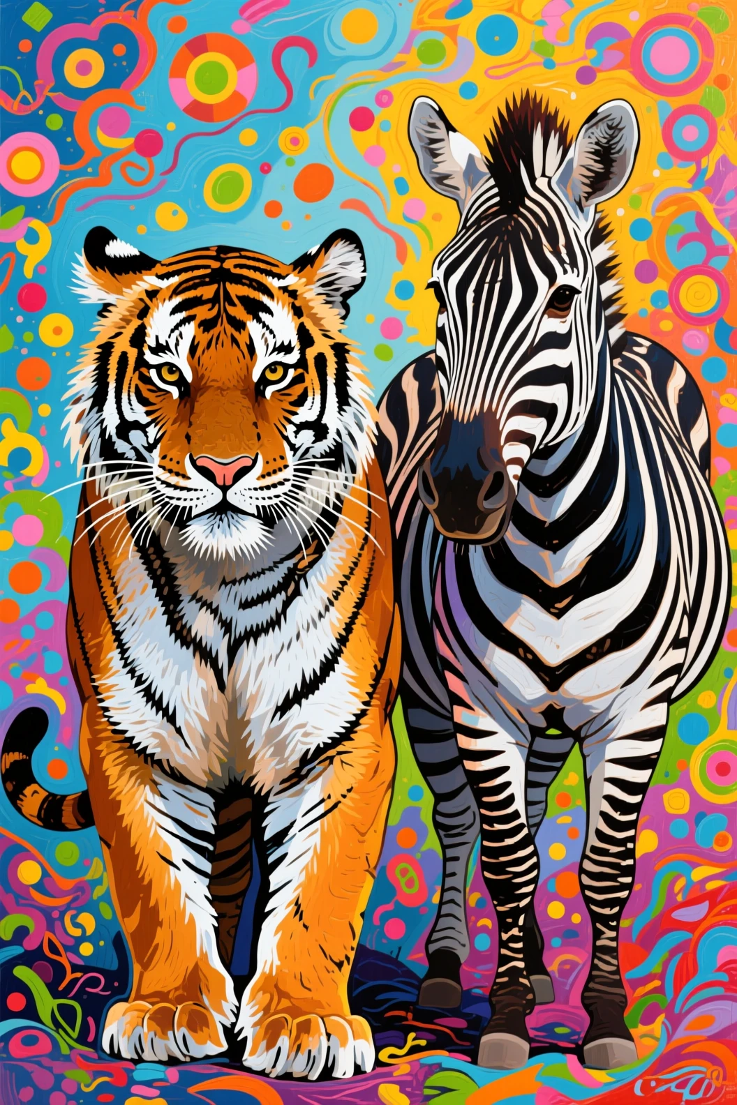 Tiger and zebra in a surreal abstract painted background