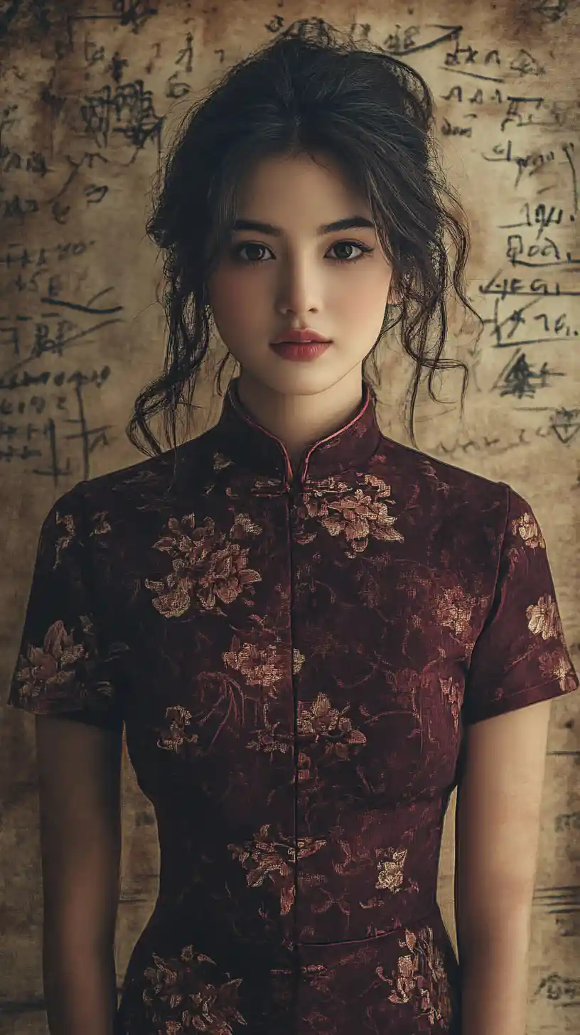 Melancholic woman in burgundy qipao before ink calligraphy wall