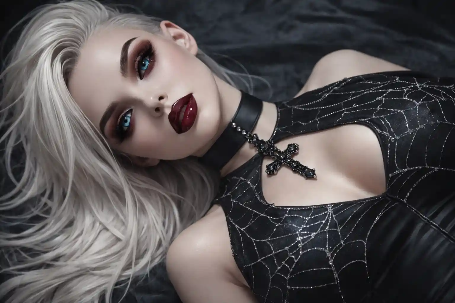 Gothic blonde woman lying back with jeweled cross choker