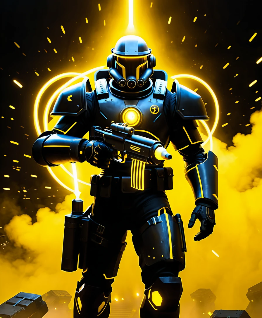 Armored sci fi soldier with rocket launcher in yellow void