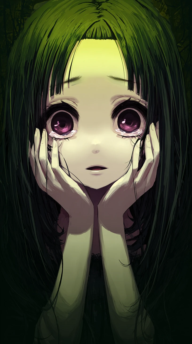 Crying anime girl portrait with oversized fearful glowing eyes
