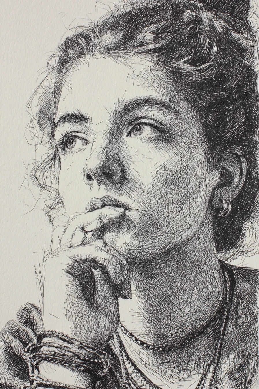 Pensive woman portrait in detailed ink cross hatching
