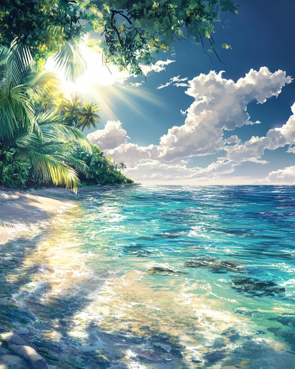 Paisaje marino tropical de anime con océano de verano cristalino