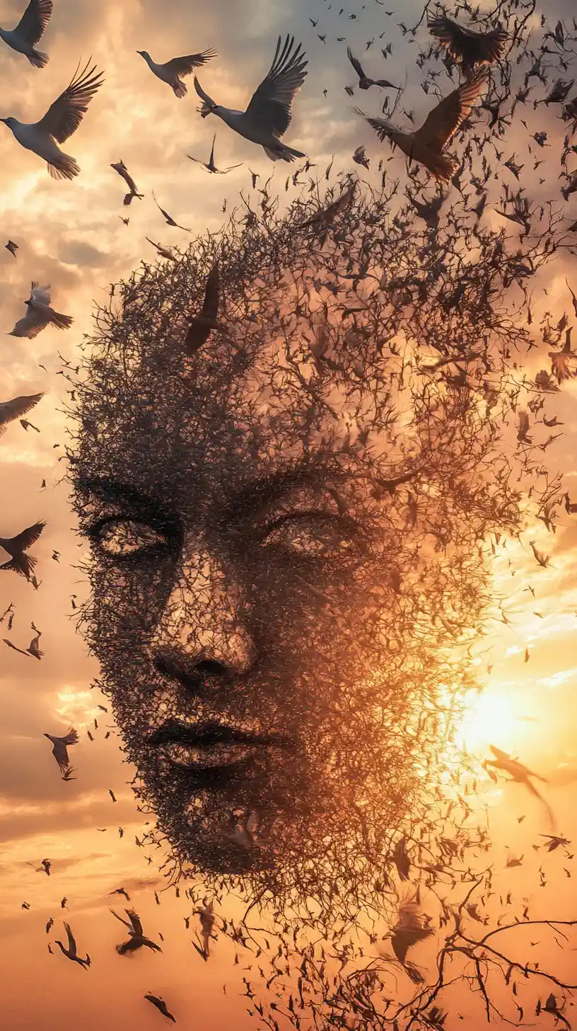 Migrating birds forming a surreal human face in the sky