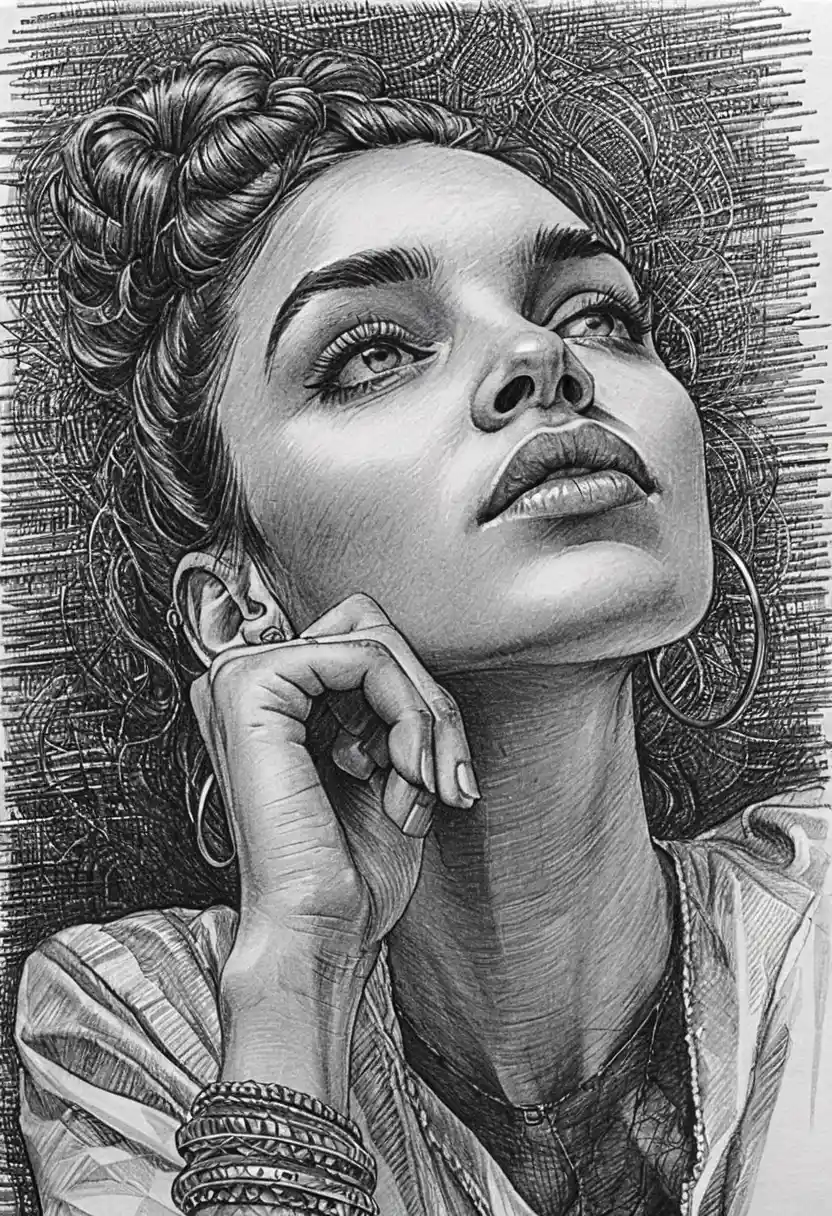 Pensive woman portrait in expressive ink line drawing
