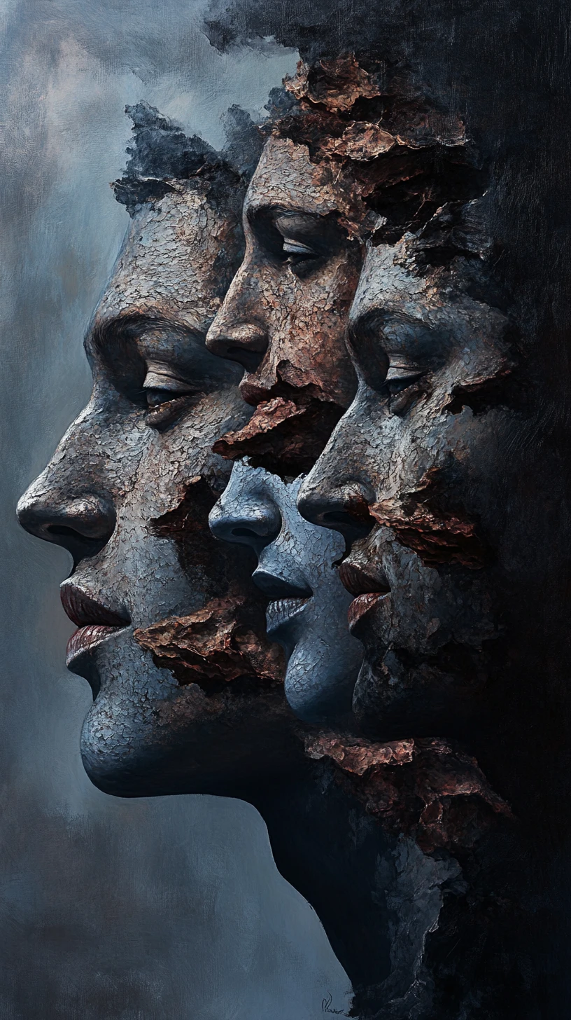 Surreal portrait with hidden emotional faces in one visage